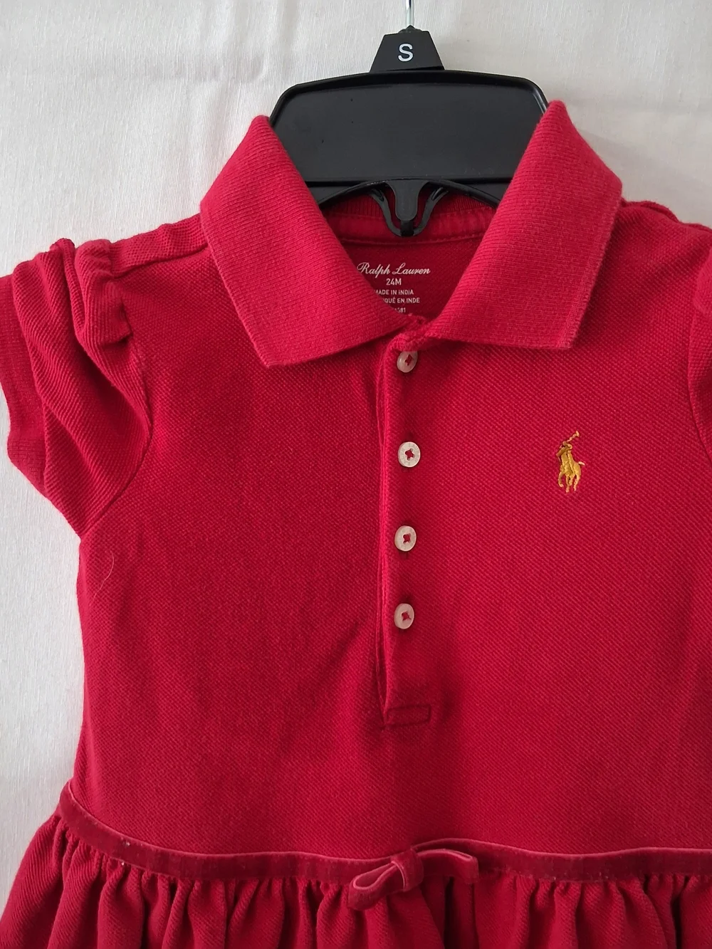 Ralph Lauren Girls Red Pique Polo Dress Velvet Trim Gold Pony 24M
